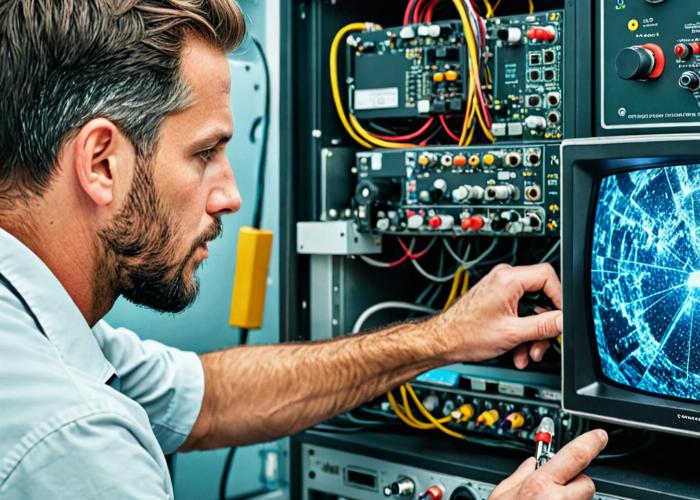 Emergency TV repair technician working urgently